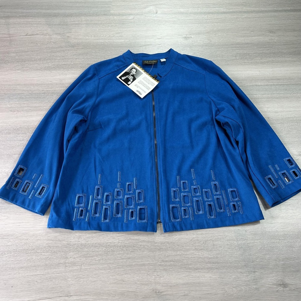 Bob Mackie Wearable Art Jacket Womens Large Blue‎ Zip Embellished Geometric Trim